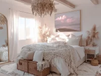 Cozy boho bedroom with coastal decor and soft textures.