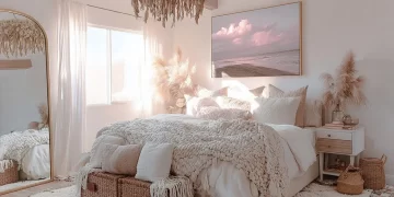 Cozy boho bedroom with coastal decor and soft textures.