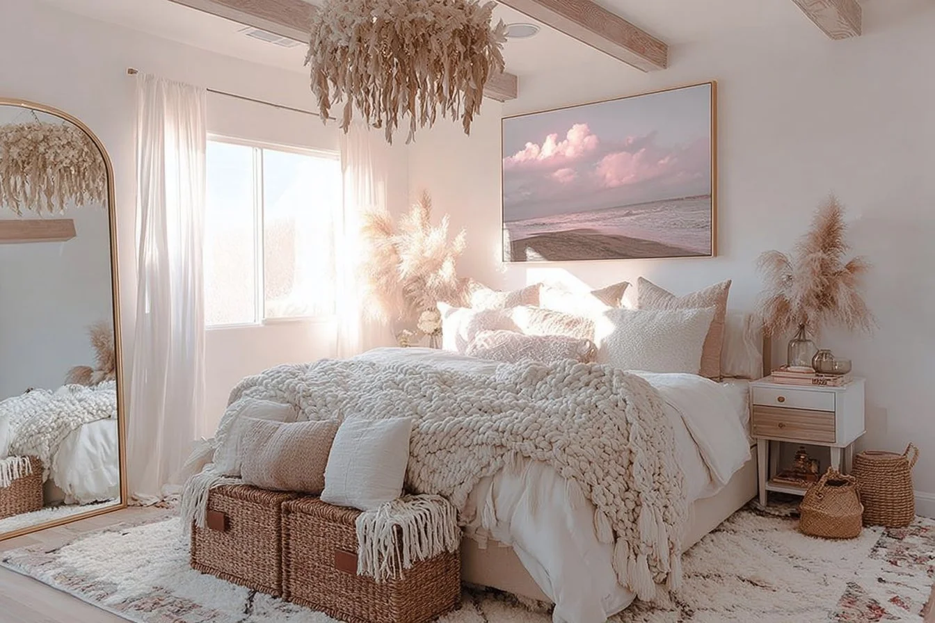 Cozy boho bedroom with coastal decor and soft textures.