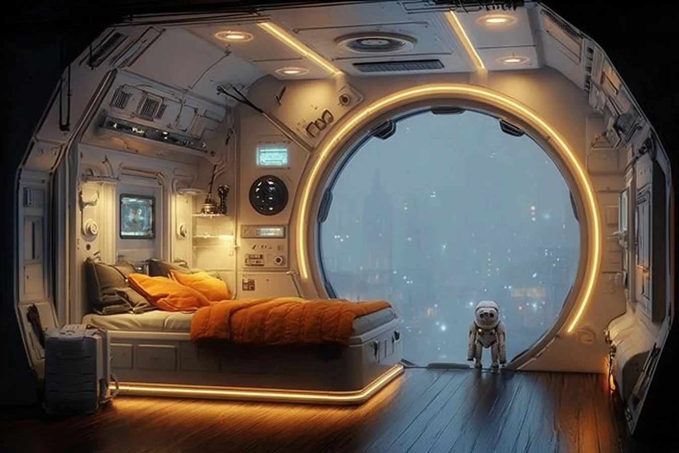 Futuristic space-themed child's room with cosmic decor and vibrant colors.