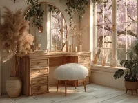 Cozy Boho vanity corner with natural decor elements and warm lighting