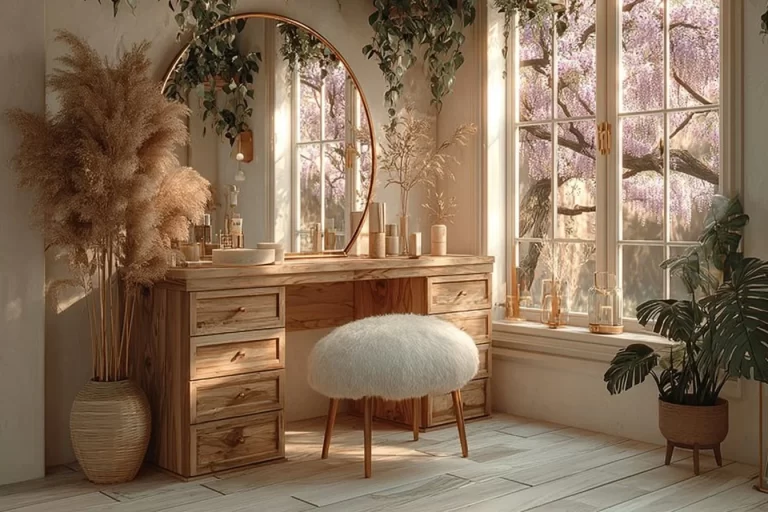 Cozy Boho vanity corner with natural decor elements and warm lighting