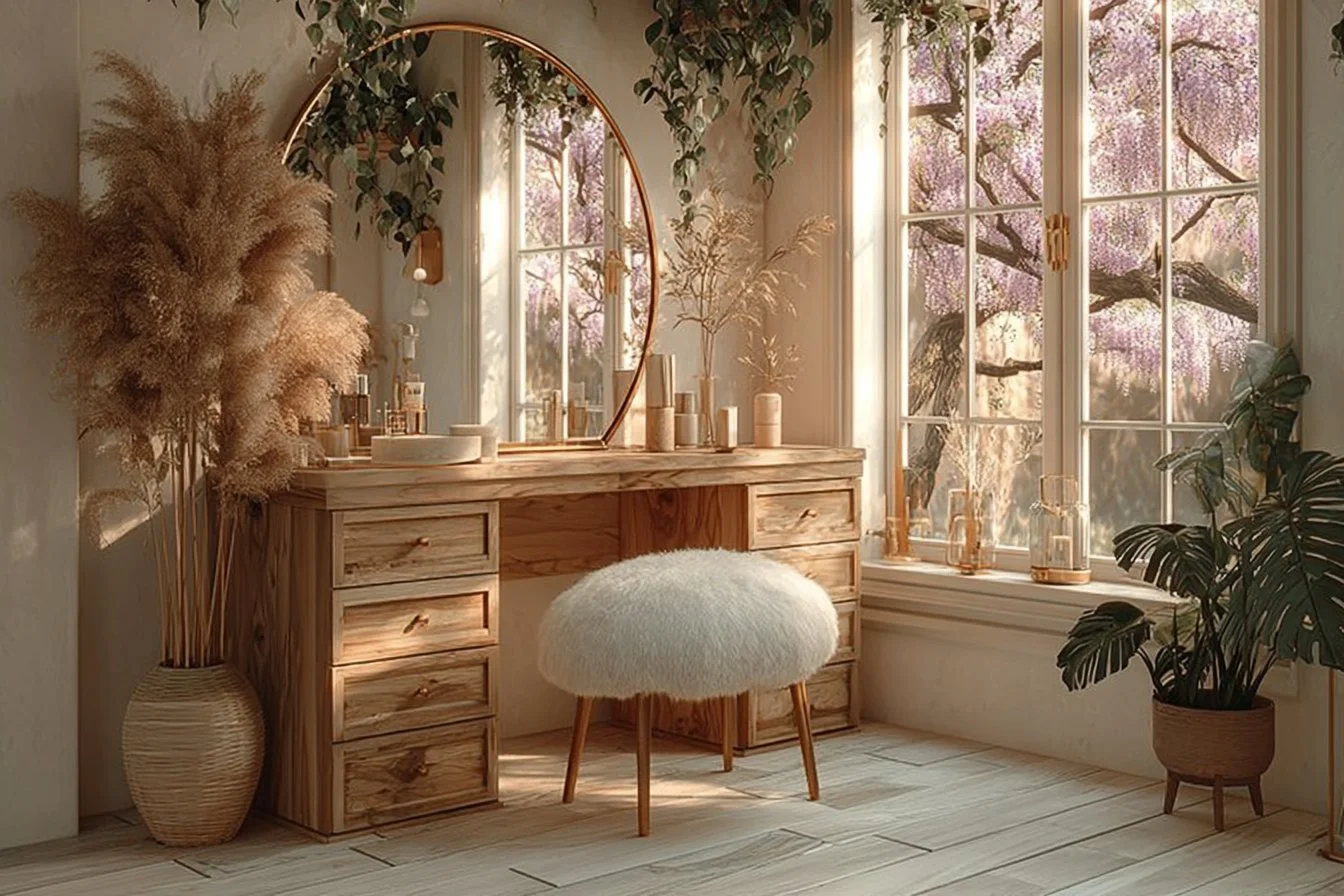 Cozy Boho vanity corner with natural decor elements and warm lighting