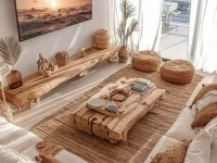 A cozy living space featuring warm colors, soft textiles, and inviting decor.