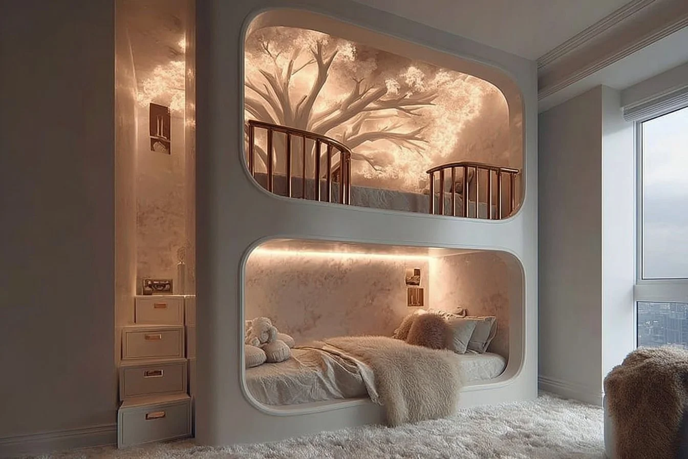 Elegant luxury kids bedroom with stylish decor and cozy furnishings