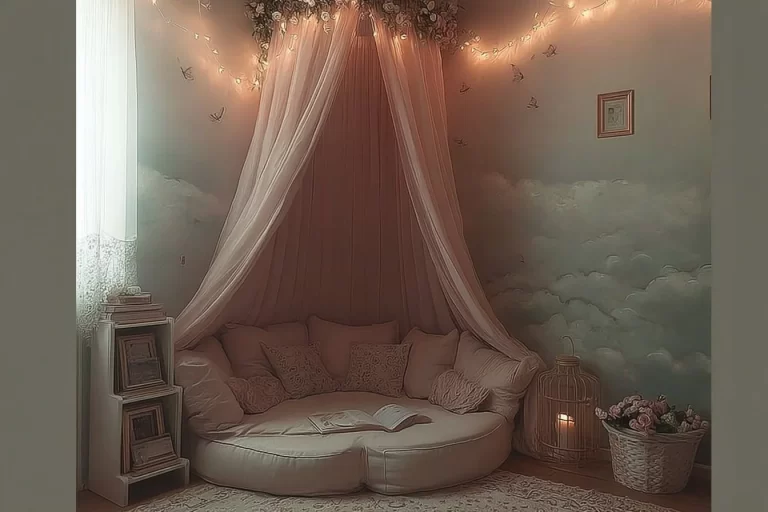 Cozy reading nook in a child's bedroom with books and soft cushions