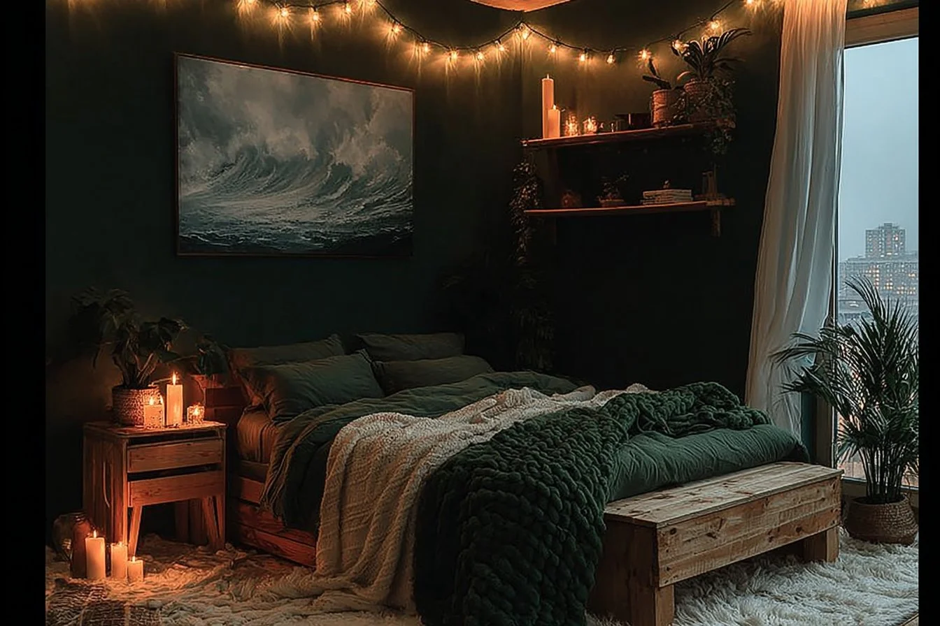Cozy earthy bedroom design with natural decor and warm colors.