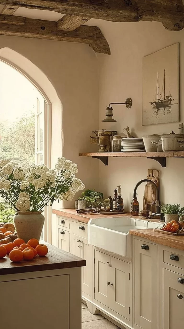 Cozy English countryside kitchen design with rustic charm and warmth.
