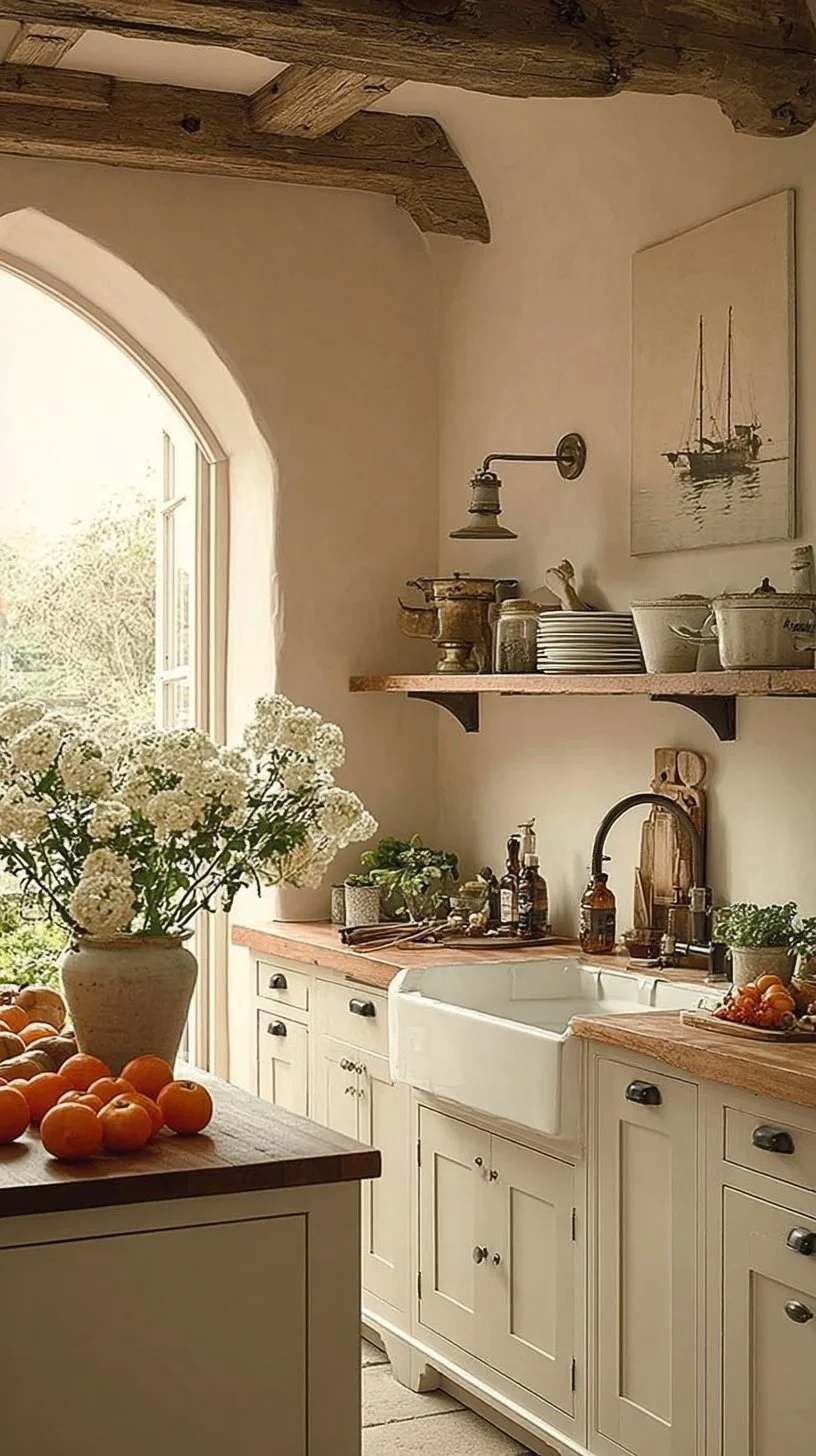 Cozy English countryside kitchen design with rustic charm and warmth.
