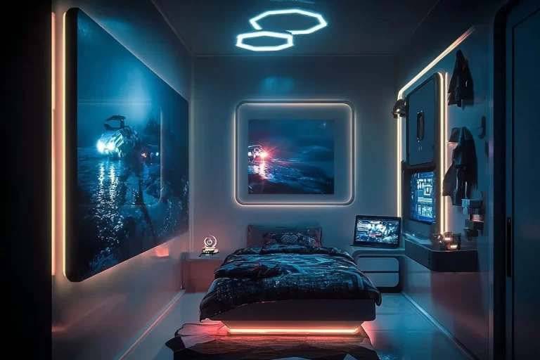 A tech-savvy bedroom featuring modern gadgets and stylish decor for tech-loving boys.