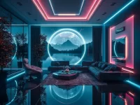 Futuristic Cyberpunk Living Room showcasing a Holographic Earth display