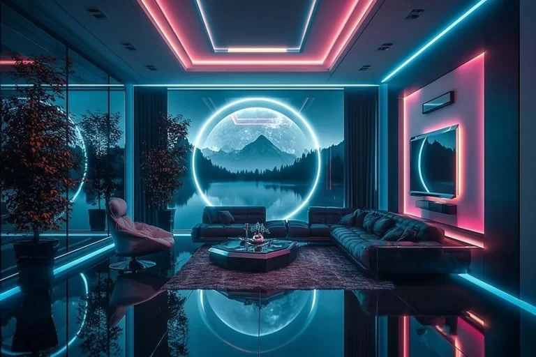 Futuristic Cyberpunk Living Room showcasing a Holographic Earth display