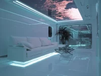 Futuristic luxury living room with stylish wall designs and modern decor