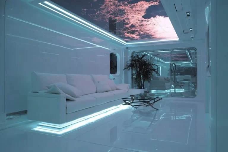 Futuristic luxury living room with stylish wall designs and modern decor