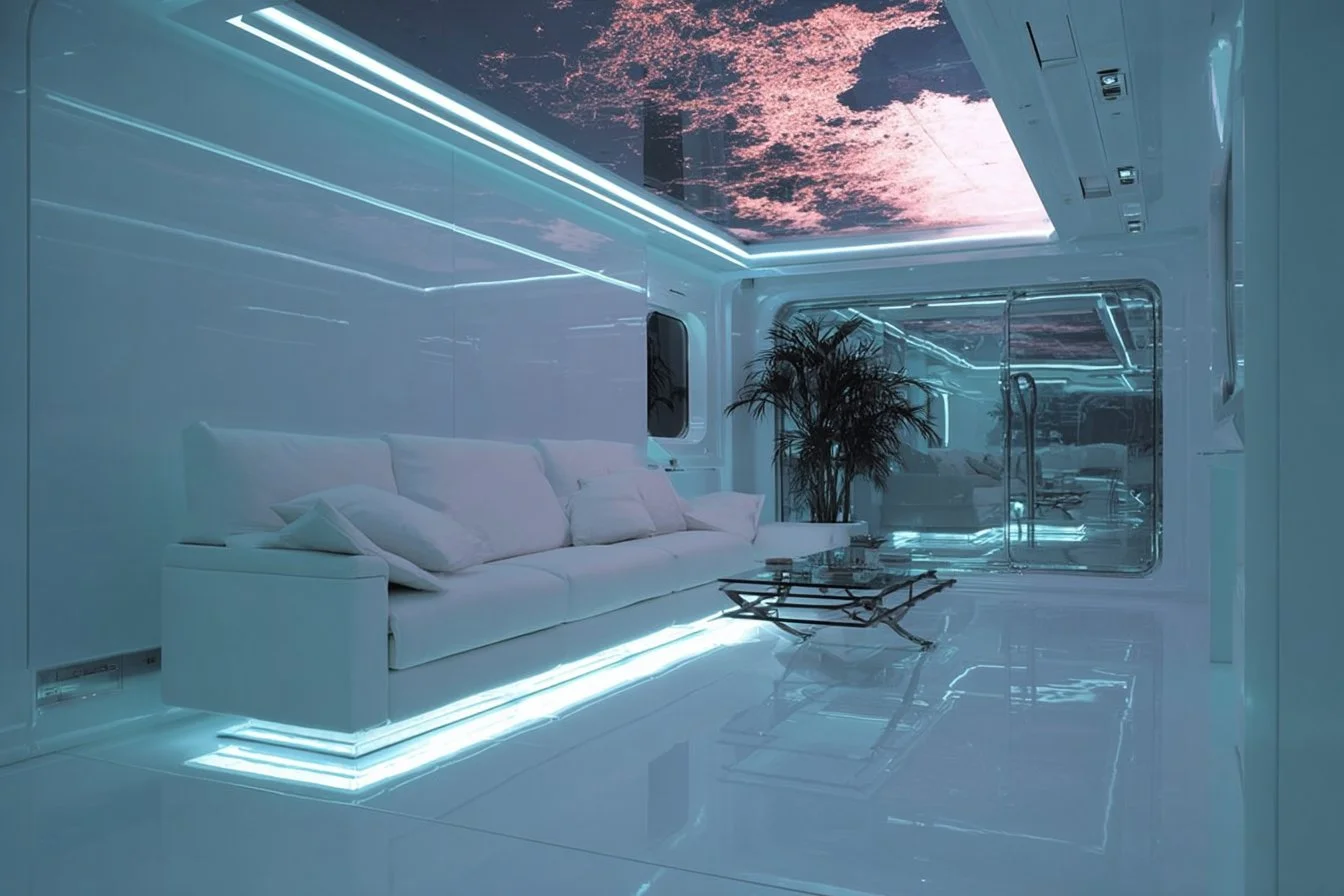 Futuristic luxury living room with stylish wall designs and modern decor