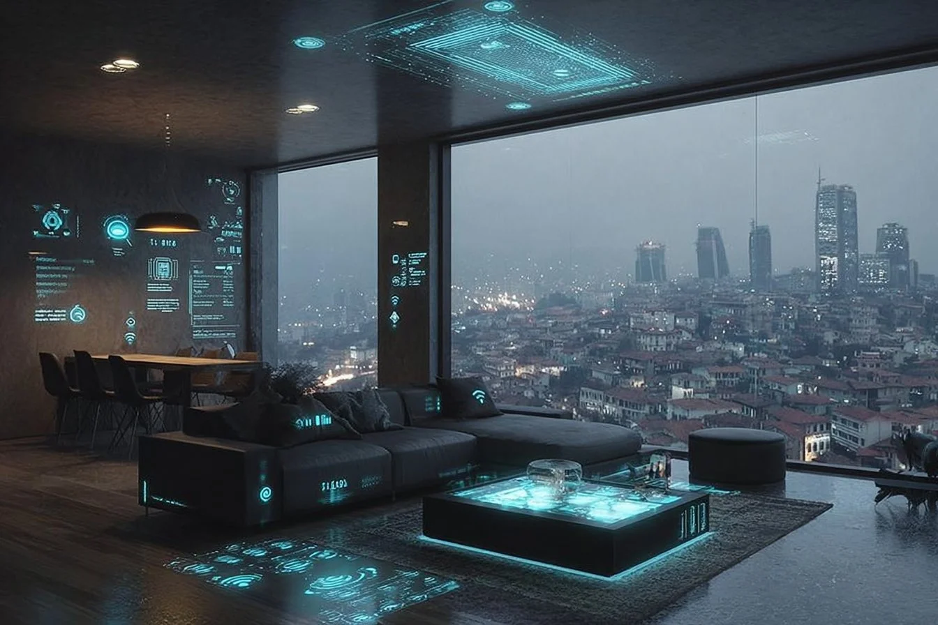 A modern futuristic smart home showcasing advanced technology and home automation.