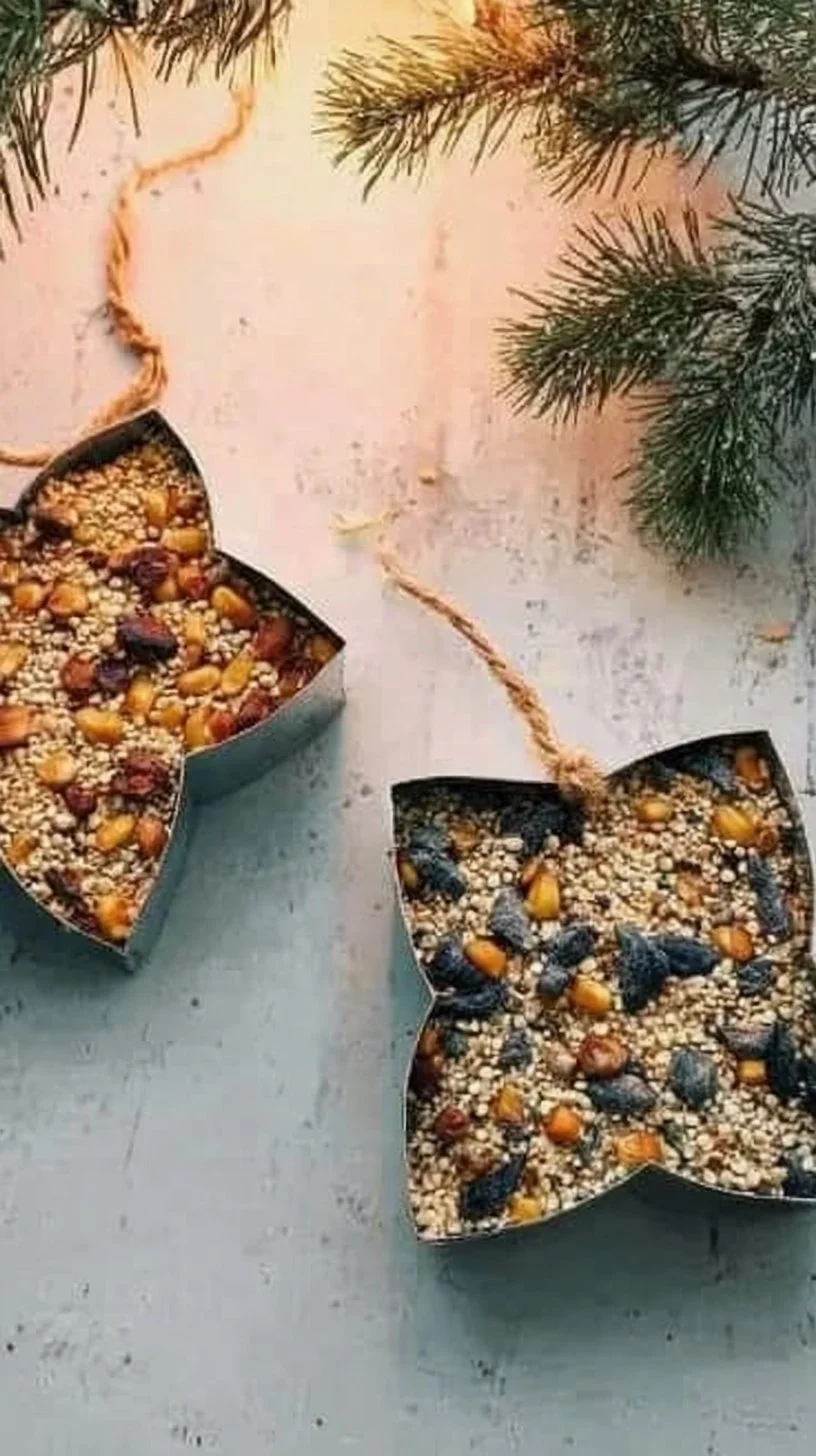 Homemade birdseed ornaments hanging on a tree for bird feeding