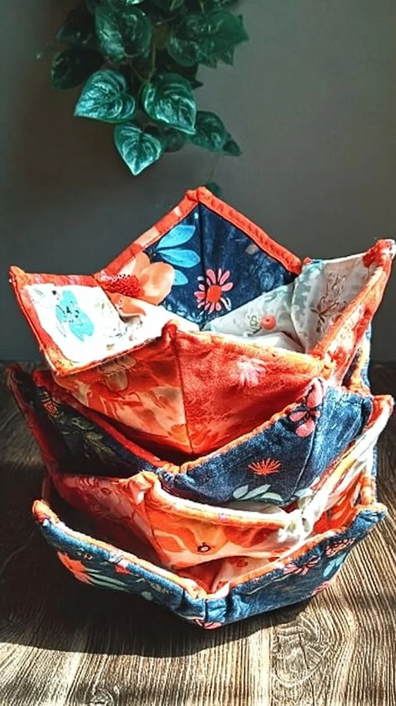 DIY reversible soup bowl cozy with vibrant fabric patterns