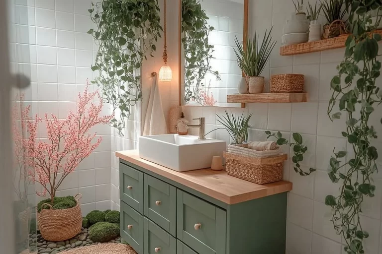 Spa-like bathroom featuring soothing sage green color scheme and decor
