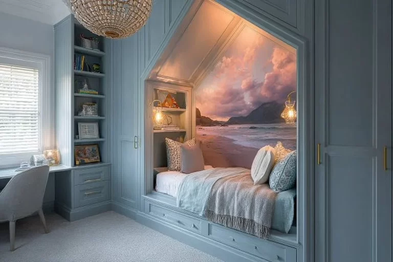 Stylish luxury kids bedroom design with elegant decor and comfortable furnishings.