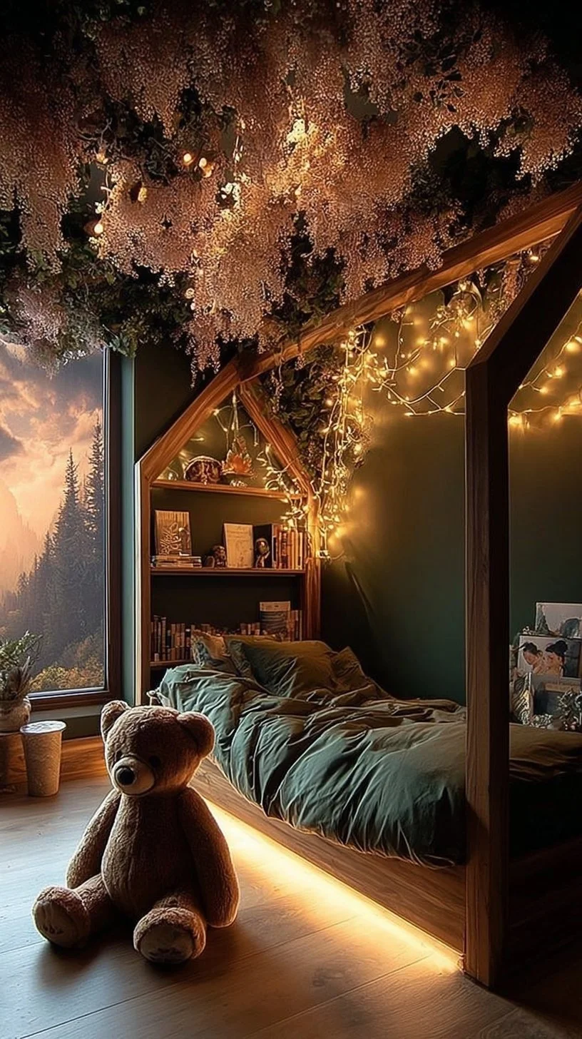 Whimsical forest-themed kids decor with enchanting elements for a magical space