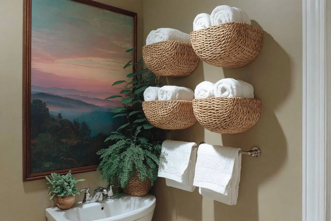 Minimalist bathroom towel decor featuring elegant and simple towel arrangements.
