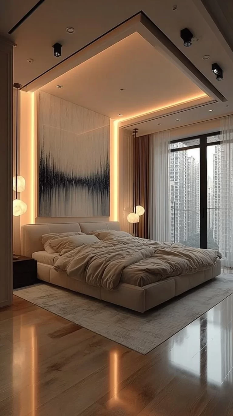 Luxury modern bedroom design featuring neutral tones and elegant decor.