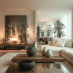 Modern transitional living room with neutral decor featuring stylish furniture and accents.