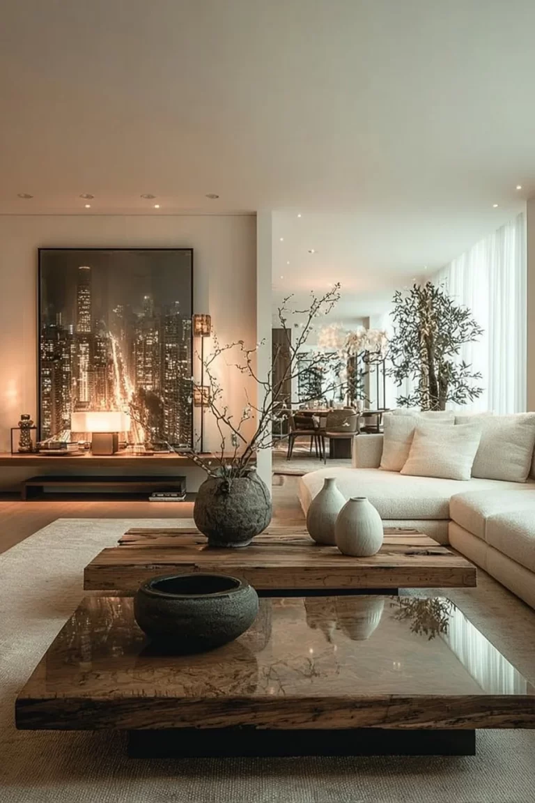 Modern transitional living room with neutral decor featuring stylish furniture and accents.
