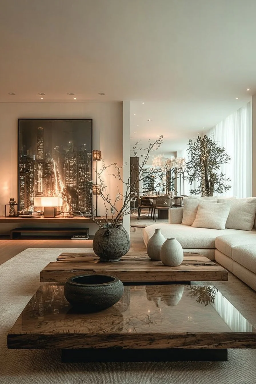 Modern transitional living room with neutral decor featuring stylish furniture and accents.