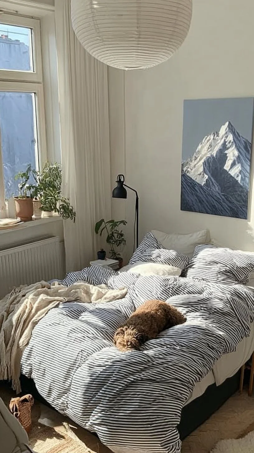 Navy blue striped bedding set for a stylish bedroom makeover