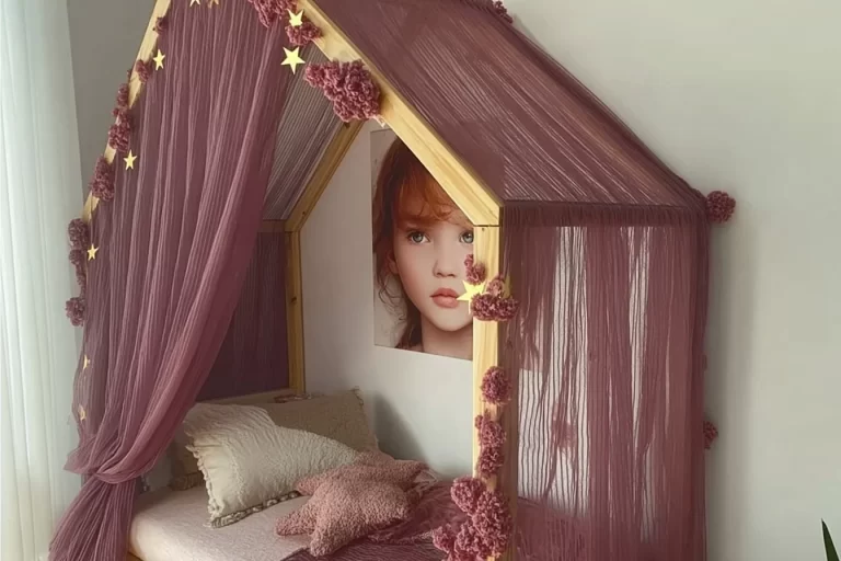 A beautifully decorated kids room in opera mauve with a tulle canopy bed.