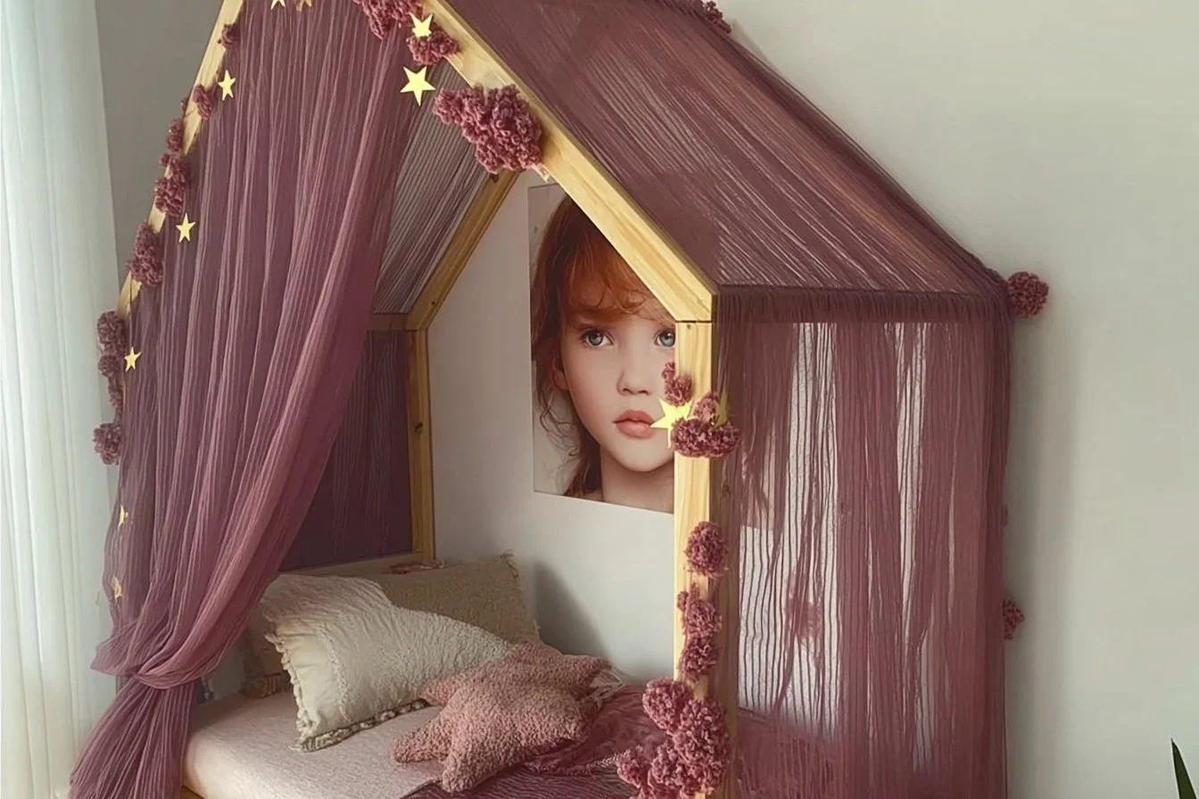 A beautifully decorated kids room in opera mauve with a tulle canopy bed.