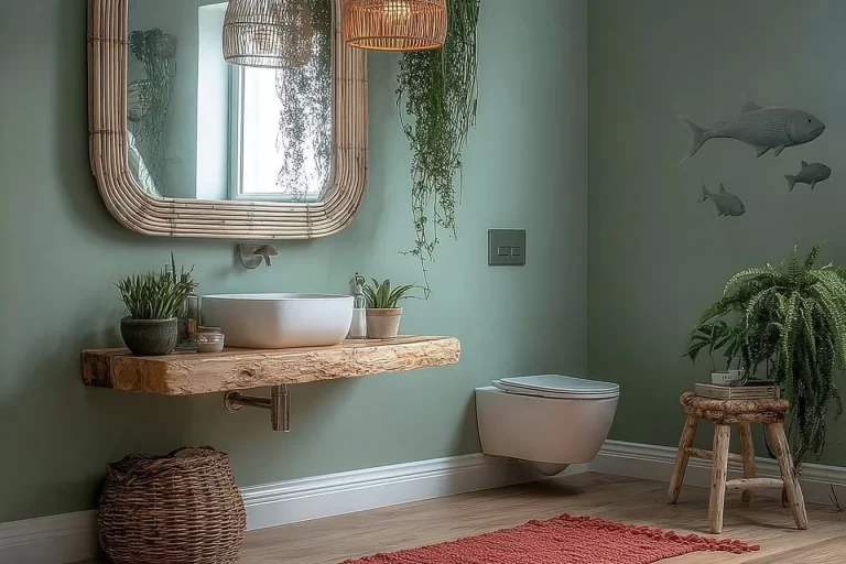 Sage Green Boho bathroom with stylish decor and natural elements.