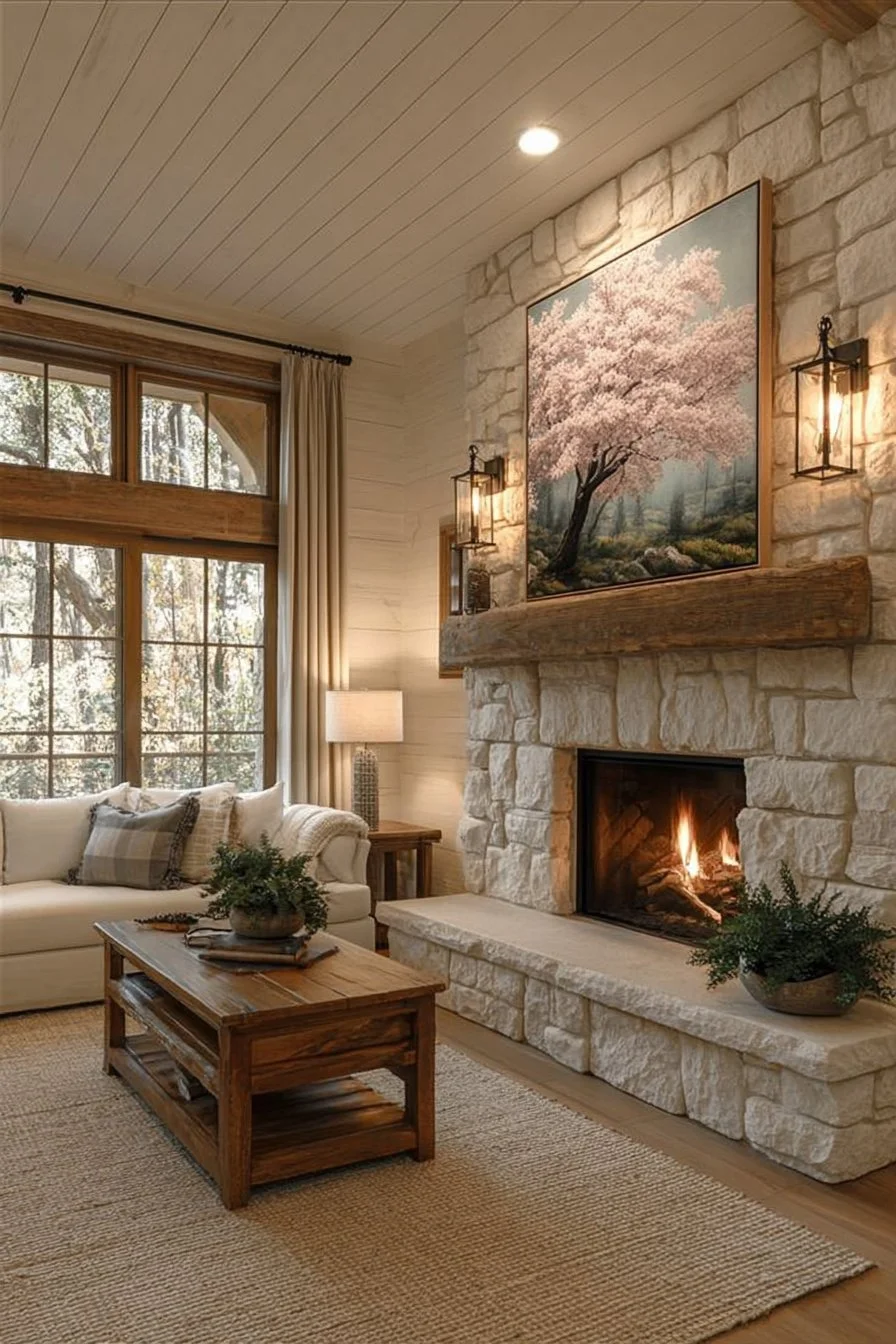 Cozy small farmhouse living room with stylish decor and compact furniture