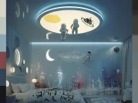 Space themed boys room inspiration with stars, planets, and rocket decor