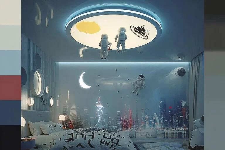 Space themed boys room inspiration with stars, planets, and rocket decor