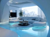 Futuristic living room design showcasing advanced technology and sleek aesthetics.