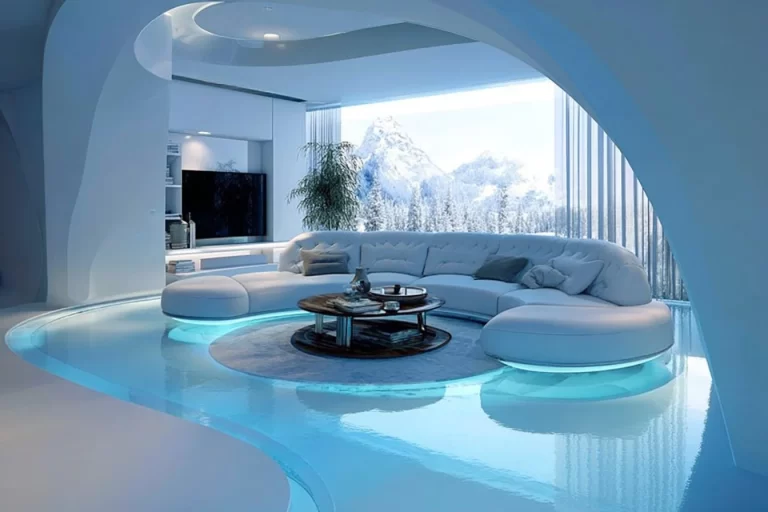 Futuristic living room design showcasing advanced technology and sleek aesthetics.