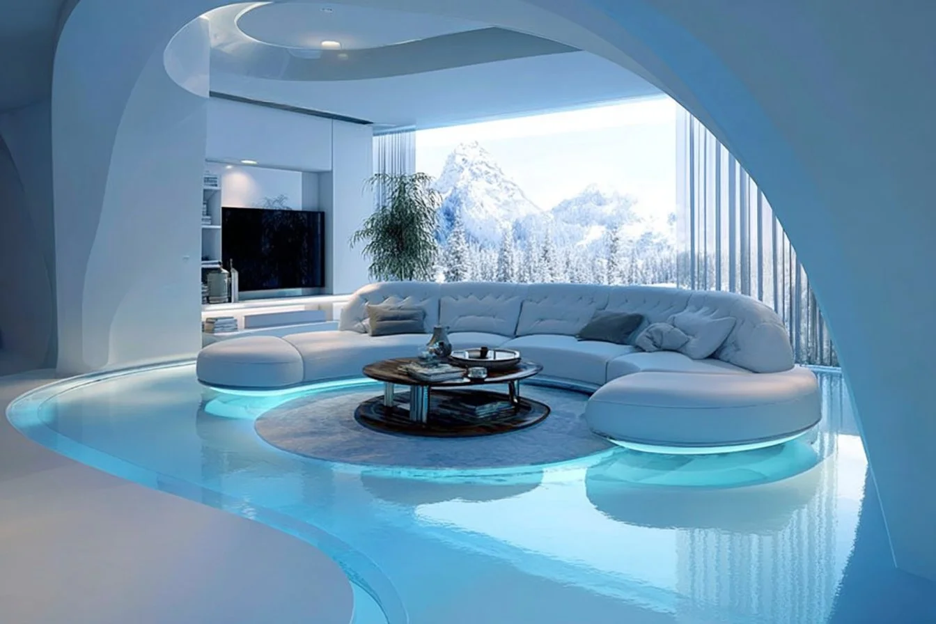 Futuristic living room design showcasing advanced technology and sleek aesthetics.