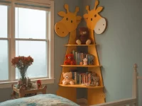 Colorful corner shelf decor with animal-shaped wall shelves in a kids' room.