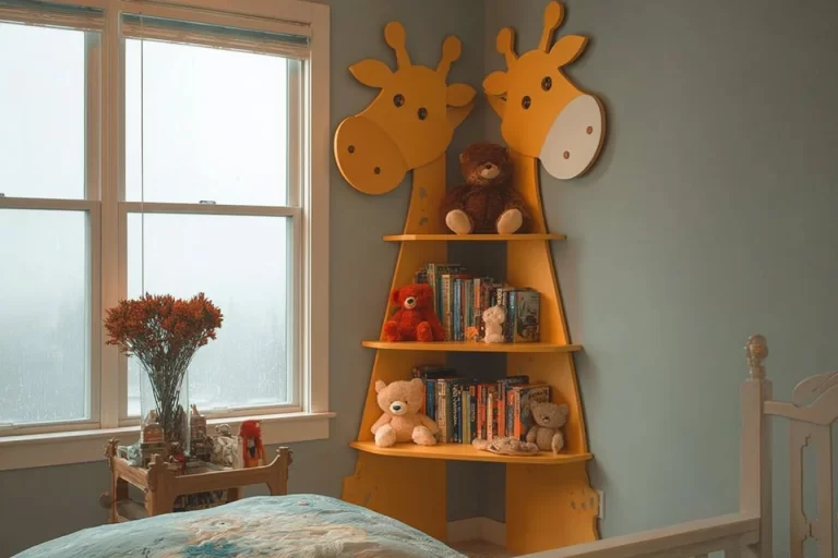 Colorful corner shelf decor with animal-shaped wall shelves in a kids' room.