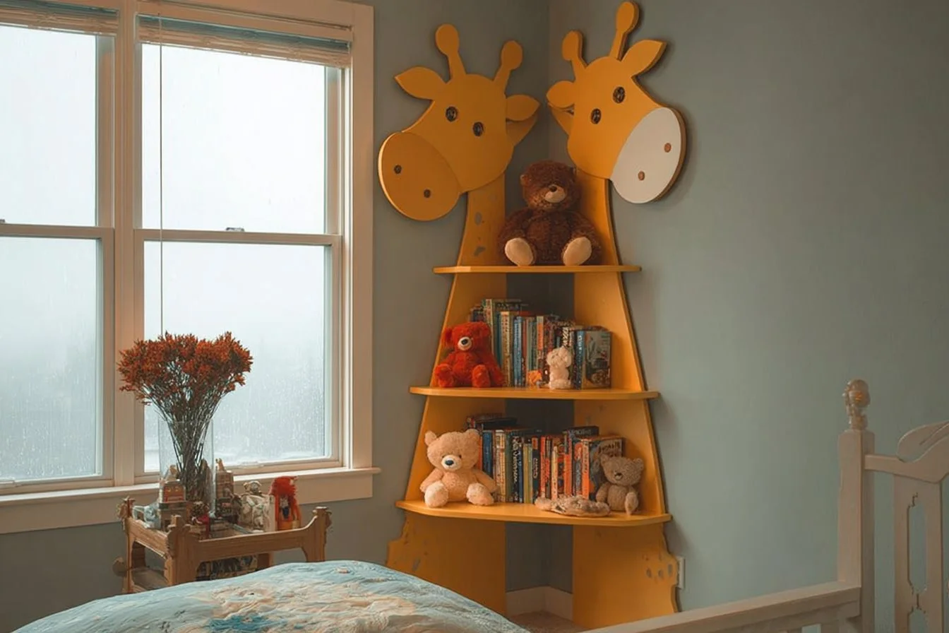 Colorful corner shelf decor with animal-shaped wall shelves in a kids' room.