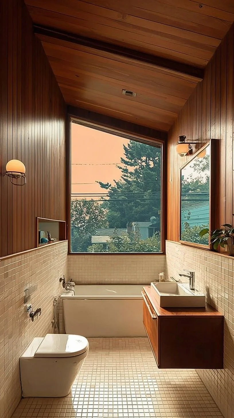 Stylish mid century modern bathroom with vintage fixtures and warm wood tones.