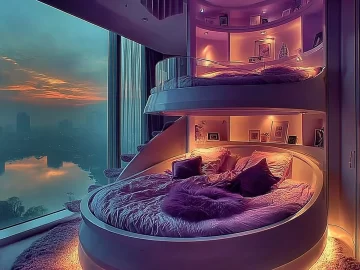 Ultra modern purple bunk bed design in a luxury kids room with city views