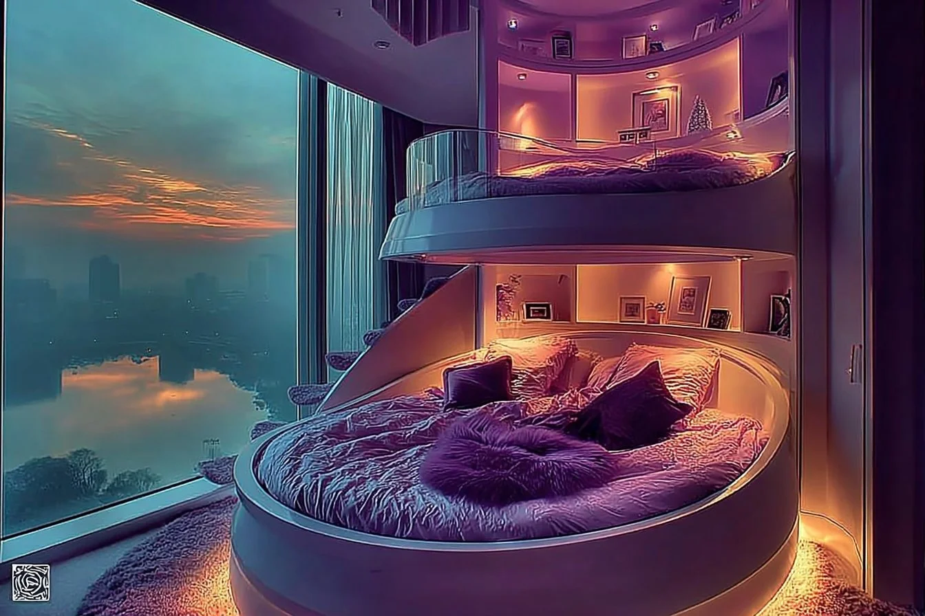 Ultra modern purple bunk bed design in a luxury kids room with city views