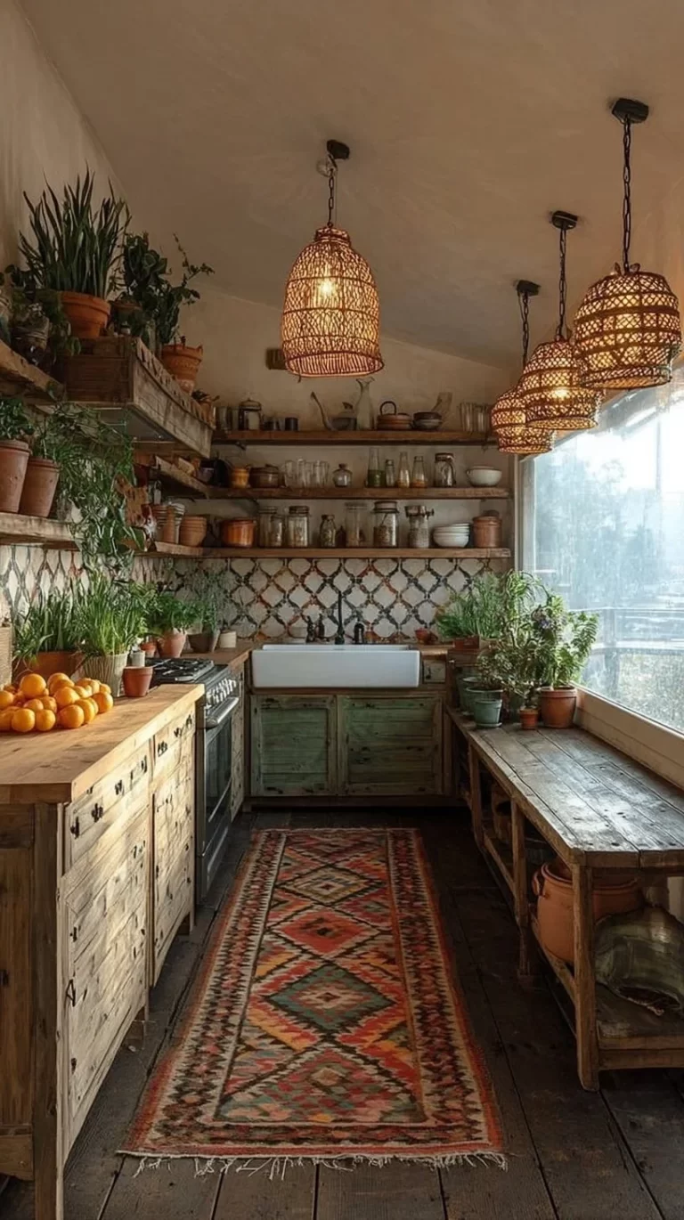 Colorful bohemian kitchen decor with plants and eclectic furnishings