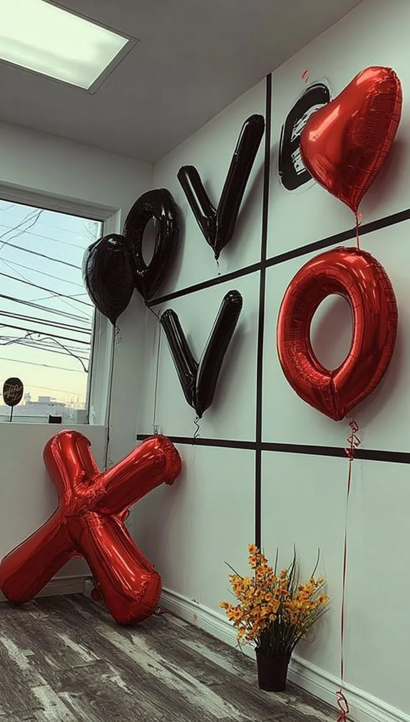 Colorful balloons centerpiece for Valentine's Day photo project.