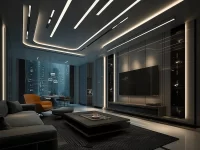 Vertical high-tech living room showcasing futuristic design elements and modern aesthetics.