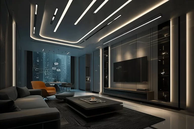 Vertical high-tech living room showcasing futuristic design elements and modern aesthetics.